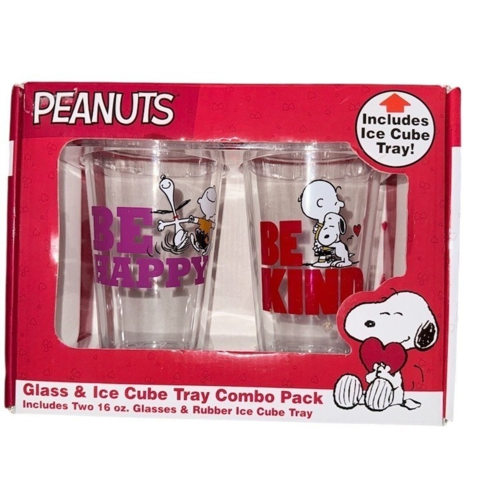 Peanuts Snoopy Valentine 16oz Glass Tumblers Set w Ice Cube Tray‎ Charlie Brown